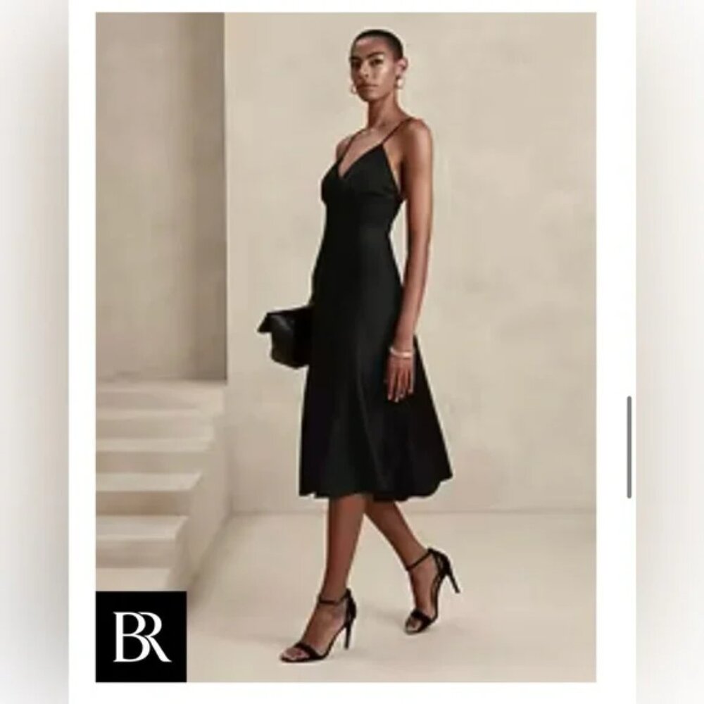 ✨ Banana Republic Asymmetrical Seam Midi Slip Dress - Black | Size 2P ✨